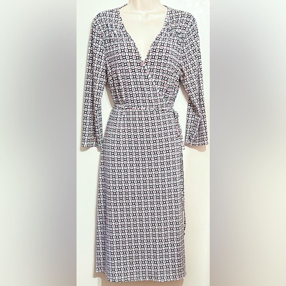 George Stretch Women’s Wrap Dress M (8-10) Geometric Print White Red Black